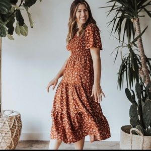 Piper and Scoot velra floral smocked dress in rust, spring midi dress terracotta